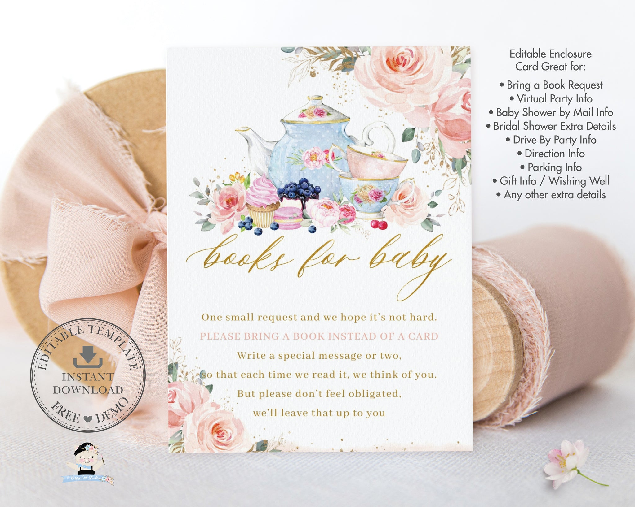 Printable Happy Birthday Card, Pink Floral Birthday Card, Elegant