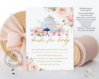 Chic Blush Pink Floral Tea Party Enclosure Card Baby Bridal Shower Birthday - Editable Template - Digital Printable File - Instant Download - TP5