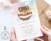 Load image into Gallery viewer, Chic Noah&#39;s Ark Rainbow Girl Baby Shower Invitation Editable Template - Digital Printable File - Instant Download - NA2