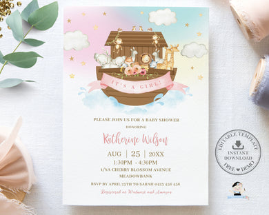 Chic Noah's Ark Rainbow Girl Baby Shower Invitation Editable Template - Digital Printable File - Instant Download - NA2