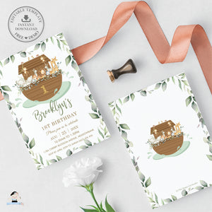 Chic Greenery Noah's Ark Birthday Party Invitation Editable Template - Digital Printable File Instant Download - NA1