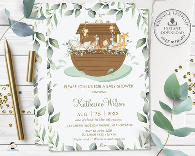 Chic Greenery Noah's Ark Gender Neutral Baby Shower Invitation Editable Template - Digital Printable File - Instant Download - NA1