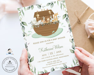 Chic Greenery Noah's Ark Gender Neutral Baby Shower Invitation Editable Template - Digital Printable File - Instant Download - NA1