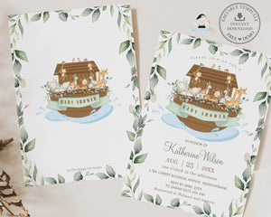 Greenery Noah's Ark Gender Neutral Baby Shower Invitation, EDITABLE TEMPLATE, Cute Animals Birthday Invite Printable, INSTANT Download, NA1