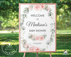 Chic Delicate Blush Pink Floral Greenery Welcome Sign Editable Template - Digital Printable File - Instant Download - WG10