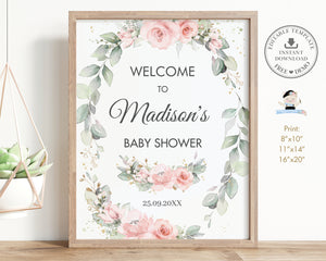 Chic Delicate Blush Pink Floral Greenery Welcome Sign Editable Template - Digital Printable File - Instant Download - WG10