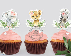 Chic Jungle Animals Pink Floral Cupcake Toppers Baby Shower Birthday Printable - Digital Files - Instant Download - JA6