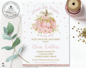 Chic Pink Pumpkin Floral Baby Shower Girl Invitation Editable Template - Instant Download - Digital Printable File - LP2