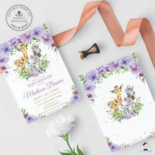 Load image into Gallery viewer, Chic Purple Floral Jungle Animals Safari Baby Shower Invitation Editable Template - Digital Printable File - Instant Download - JA8