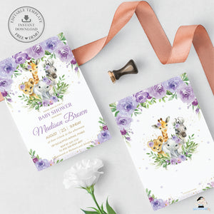 Chic Purple Floral Jungle Animals Safari Baby Shower Invitation Editable Template - Digital Printable File - Instant Download - JA8