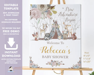 Tribal Woodland Animals Pastel Floral Welcome Sign Editable Template - Baby Shower Birthday Instant Download Printable - WA1