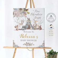 Load image into Gallery viewer, Tribal Woodland Animals Pastel Floral Welcome Sign Editable Template - Baby Shower Birthday Instant Download Printable - WA1