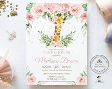 Load image into Gallery viewer, Chic Giraffe Pink Floral Greenery Invitation, EDITABLE TEMPLATE, Instant Download, Cute Jungle Animal Safari Flowers Girl Baby Shower Invite, GF3
