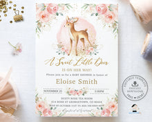 Load image into Gallery viewer, Sweet Little Deer Blush Pink Floral Baby Shower Invitation Printable EDITABLE TEMPLATE Chic Whimsical Deer Roses Flowers Invites INSTANT DOWNLOAD DE3