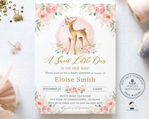 Sweet Little Deer Blush Pink Floral Baby Shower Invitation Printable EDITABLE TEMPLATE Chic Whimsical Deer Roses Flowers Invites INSTANT DOWNLOAD DE3