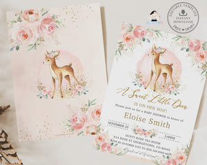 Sweet Little Deer Blush Pink Floral Baby Shower Invitation Printable EDITABLE TEMPLATE Chic Whimsical Deer Roses Flowers Invites INSTANT DOWNLOAD DE3