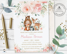 Load image into Gallery viewer, Woodland Animals Blush Pink Floral Baby Shower Invitation Editable Template - Digital Printable File - Instant Download - WG15