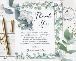 Cute Sleeping Elephant Greenery Thank You Card Editable Template - Digital Printable File - Instant Download - EP10