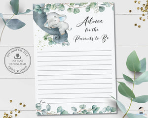 Greenery Elephant Advice for the Parents to Be / Mom to Be Signs and Note Cards Baby Shower Game Activity - Instant Download - Digital Printable File - EP10