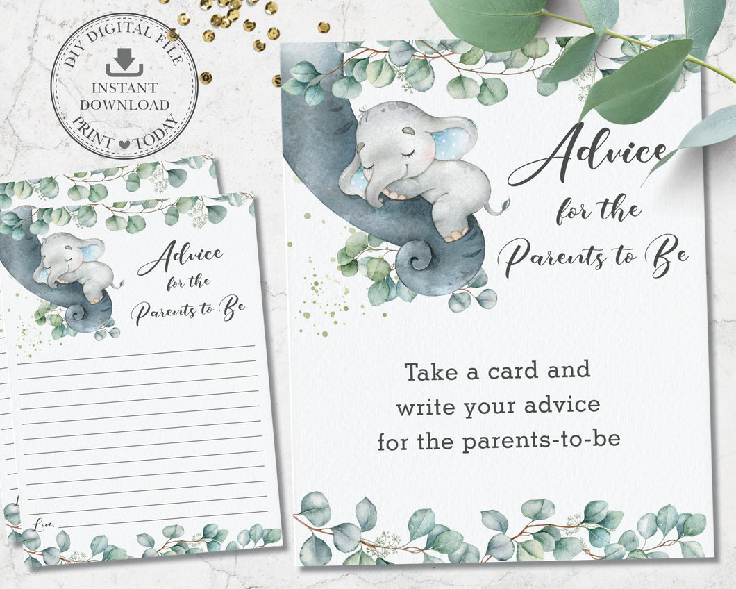 Greenery Elephant Advice for the Parents to Be / Mom to Be Signs and Note Cards Baby Shower Game Activity - Instant Download - Digital Printable File - EP10