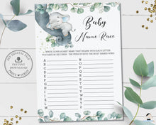 Load image into Gallery viewer, Chic Greenery Sleeping Elephant Baby Name Race Baby Shower Game Activity Printable File - Instant Download - EP10
