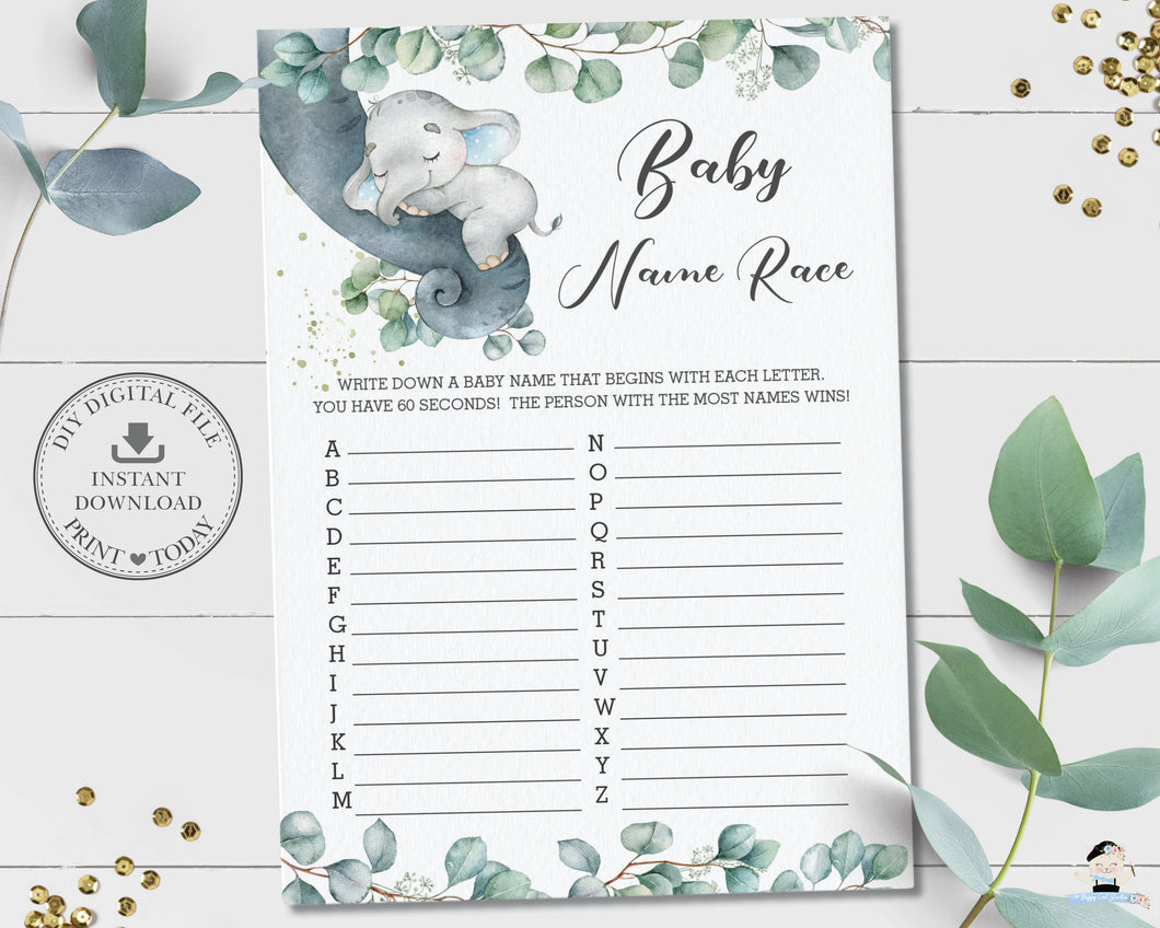 Chic Greenery Sleeping Elephant Baby Name Race Baby Shower Game Activity Printable File - Instant Download - EP10