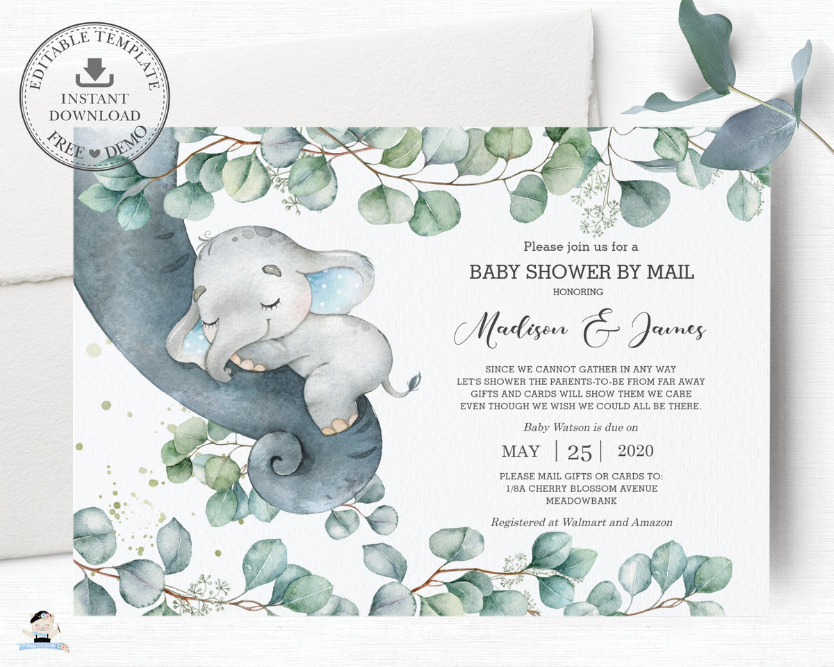 Rustic Greenery Elephant Baby Boy Shower by Mail Invitation Editable T ...