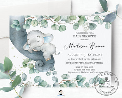 Rustic Greenery Elephant Baby Boy Shower Invitation Editable Template - Instant Dowload - Digital Printable File - EP10