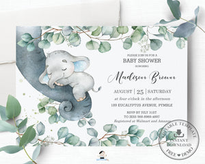 Rustic Greenery Elephant Baby Boy Shower 4"x6" Invitation Editable Template - Instant Dowload - Digital Printable File - EP10
