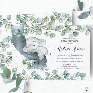 Rustic Greenery Elephant Baby Boy Shower by Mail Invitation Editable Template - Instant Dowload - Digital Printable File - EP10