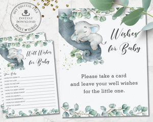 Cute Sleeping Elephant Greenery Baby Shower Wishes for Baby Sign and Card Game Activity - Digital Printable File - Instant Download - EP10