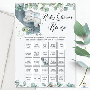 Greenery Sleeping Elephant Baby Shower Pre-Filled Bingo Game Activity Digital Printable File Instant Download - EP10