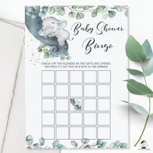 Load image into Gallery viewer, Greenery Sleeping Elephant Baby Shower Pre-Filled Bingo Game Activity Digital Printable File Instant Download - EP10