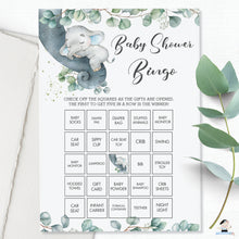 Load image into Gallery viewer, Greenery Sleeping Elephant Baby Shower Pre-Filled Bingo Game Activity Digital Printable File Instant Download - EP10