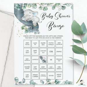 Greenery Sleeping Elephant Baby Shower Pre-Filled Bingo Game Activity Digital Printable File Instant Download - EP10