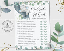 Load image into Gallery viewer, Greenery Sleeping Elephant She Said He Said Guess Who Said It Baby Shower Fun Game Activity - Digital Printable File - Instant Download - EP10