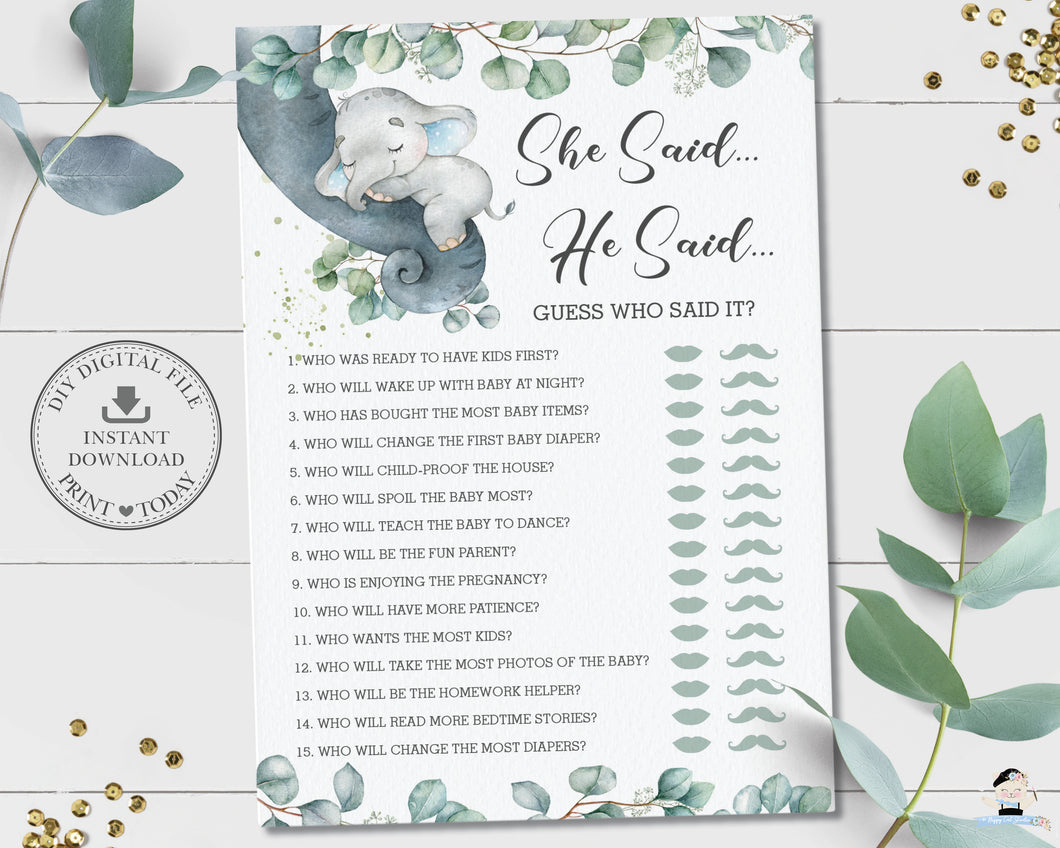Greenery Sleeping Elephant She Said He Said Guess Who Said It Baby Shower Fun Game Activity - Digital Printable File - Instant Download - EP10