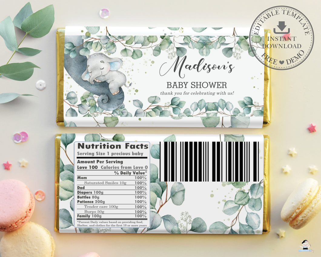 Rustic Greenery Elephant Baby Shower Chocolate Bar Wrapper for Aldi Hershey's Editable Template - Instant Download - EP10