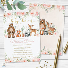 Load image into Gallery viewer, Woodland Animals Soft Blush Pink Floral Baby Shower Invitation Editable Template - Digital Printable File - Instant Download - WG15