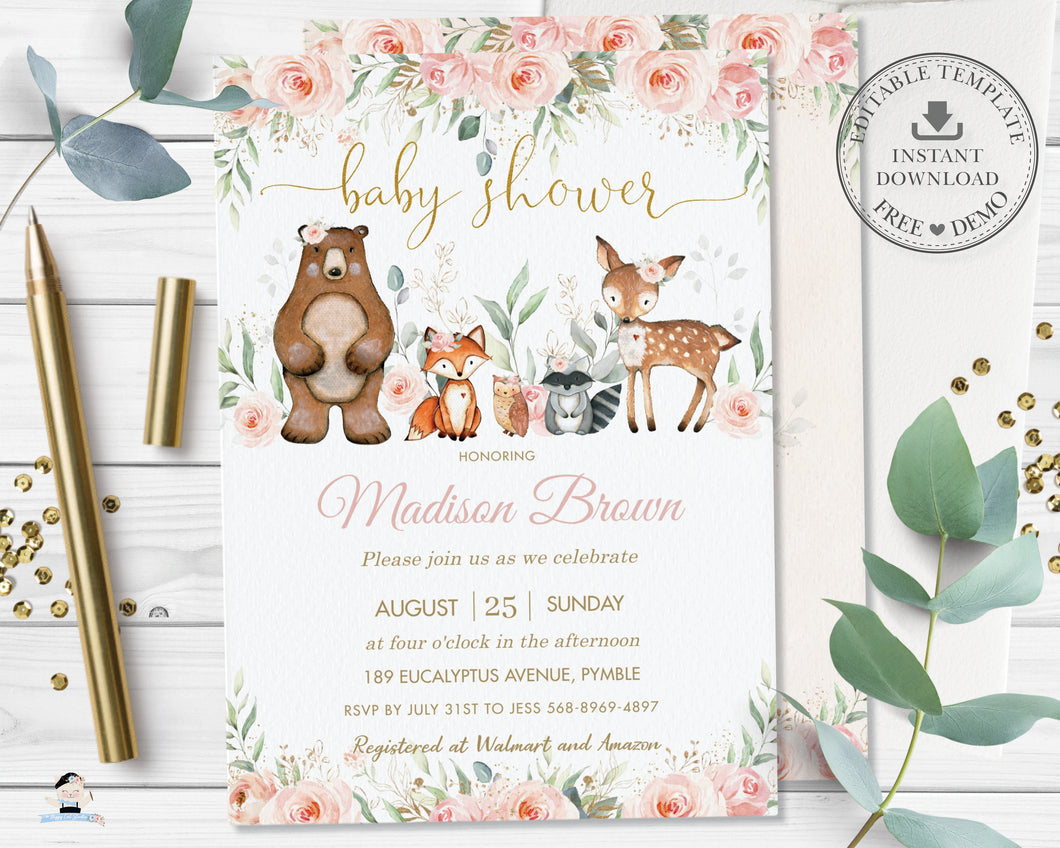 Woodland Animals Soft Blush Pink Floral Baby Shower Invitation Editable Template - Digital Printable File - Instant Download - WG15