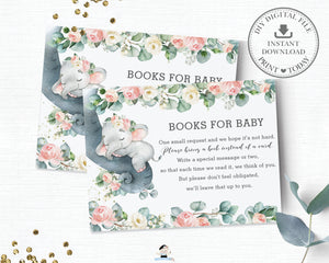 Pink Floral Greenery Elephant Baby Shower Bring a Book Instead of a Card Inserts - Instant Download - EP11