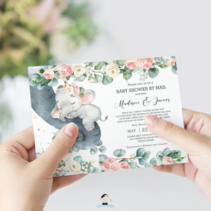 Chic Floral Greenery Elephant Baby Girl Shower by Mail Invitation Editable Template - Instant Dowload - Digital Printable File - EP11
