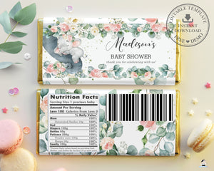Pink Floral Greenery Elephant Baby Shower Chocolate Bar Wrapper for Aldi Hershey's Editable Template - Instant Download - EP11