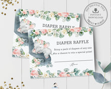 Load image into Gallery viewer, Pink Floral Greenery Elephant Baby Shower Diaper Raffle Ticket Card Inserts - Instant Download - EP11