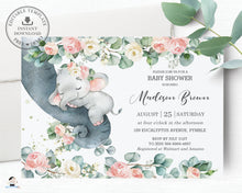 Load image into Gallery viewer, Chic Floral Greenery Elephant Baby Girl Shower Invitation Editable Template - Instant Dowload - Digital Printable File - EP11