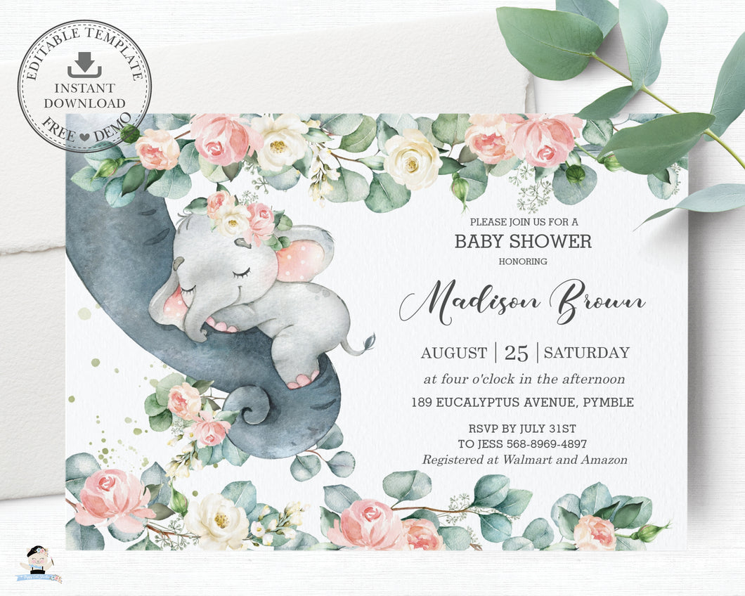 Chic Floral Greenery Elephant Baby Girl Shower Invitation Editable Template - Instant Dowload - Digital Printable File - EP11