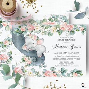 Chic Floral Greenery Elephant Baby Girl Shower Invitation Editable Template - Instant Dowload - Digital Printable File - EP11
