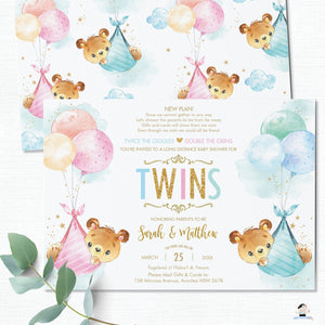 Teddy Bears Baby Shower by Mail Invitation Twins Baby Boy and Girl Long Distance Virtual Shower - Editable Template - Instant Download - TB5