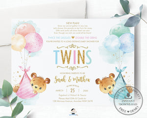 Teddy Bears Baby Shower by Mail Invitation Twins Baby Boy and Girl Long Distance Virtual Shower - Editable Template - Instant Download - TB5