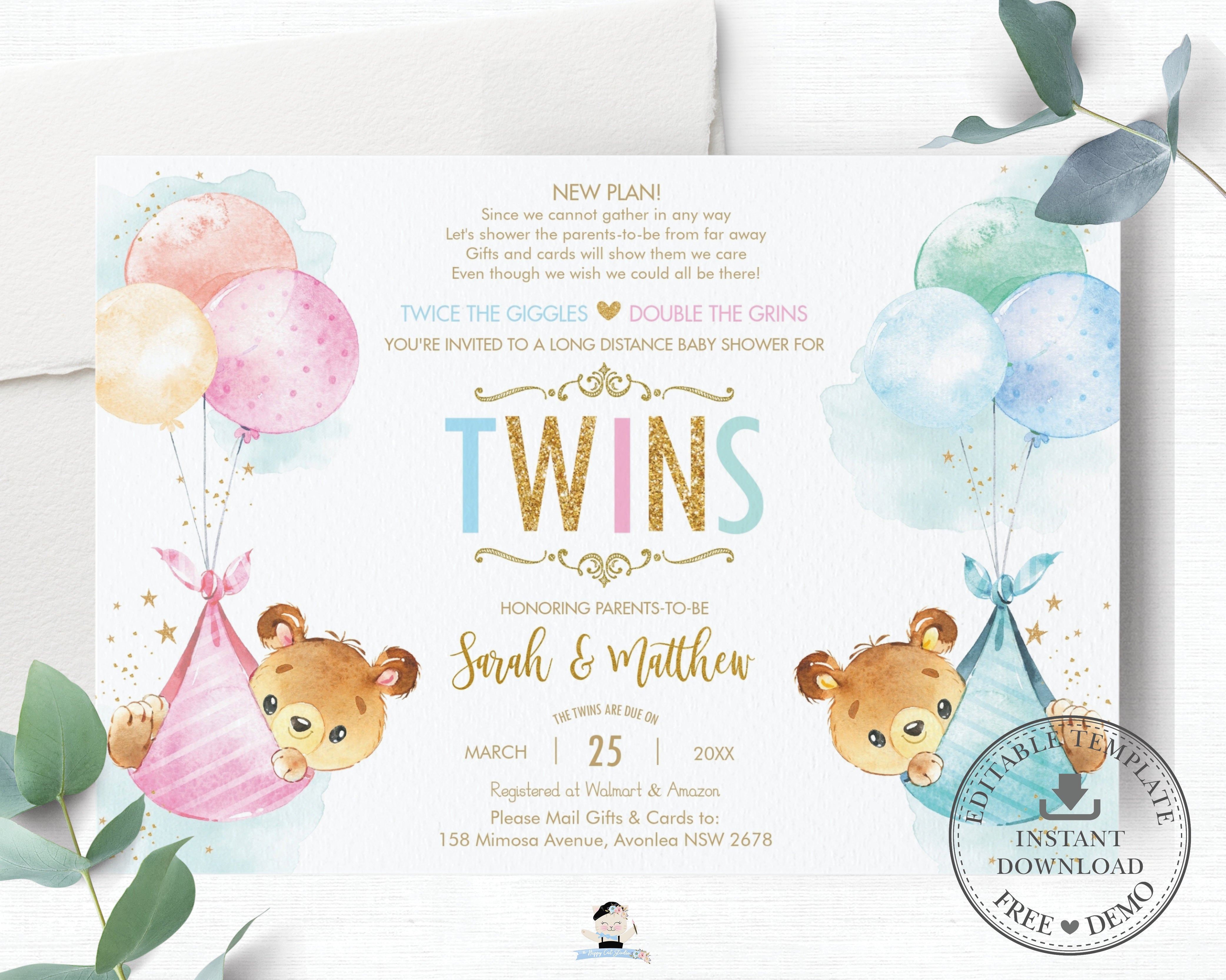Teddy Bears Baby Shower by Mail Invitation Twins Baby Boy and Girl
